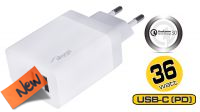 Transformador USB  Carga Rapida 110-240V QC3.0, 1xUSB+USB-C, PD3.0, 5-12V, Máx.36W, 3A blanco