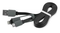 Cable plano de datos y carga USB 2 em 1 iPhone/micro USB metal negro 1m
